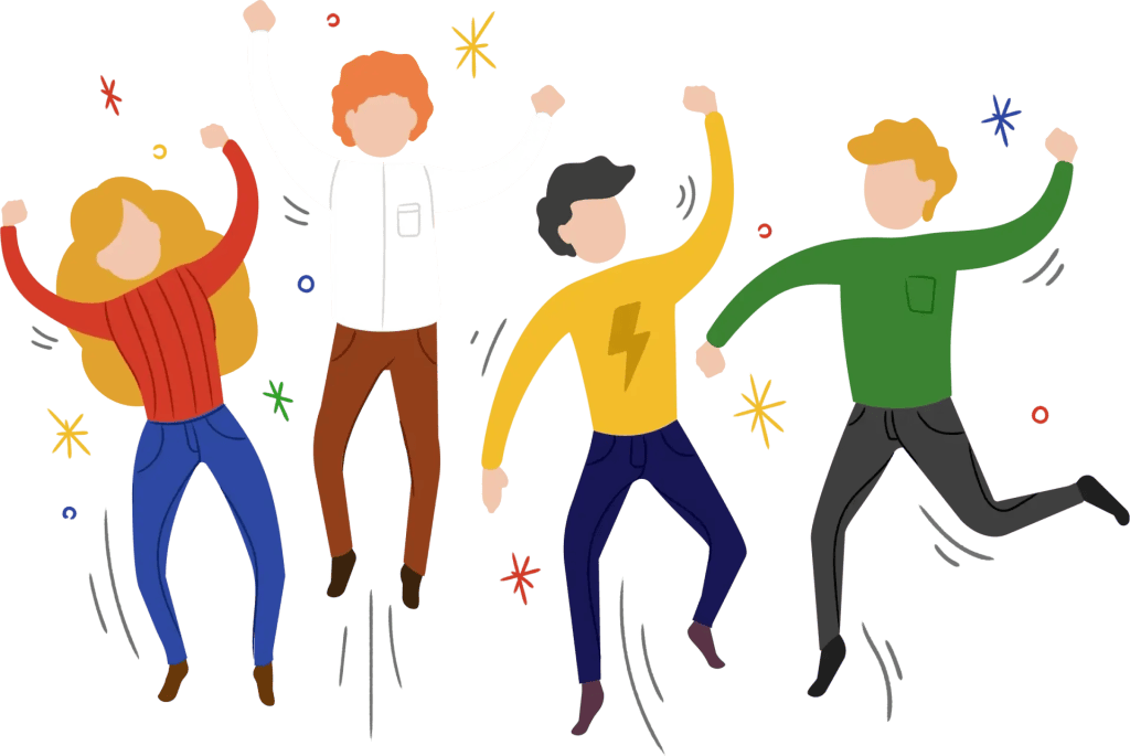 Colorful illustration of four people jumping in celebration, representing teamwork, collaboration, and the passion behind First Step Connection