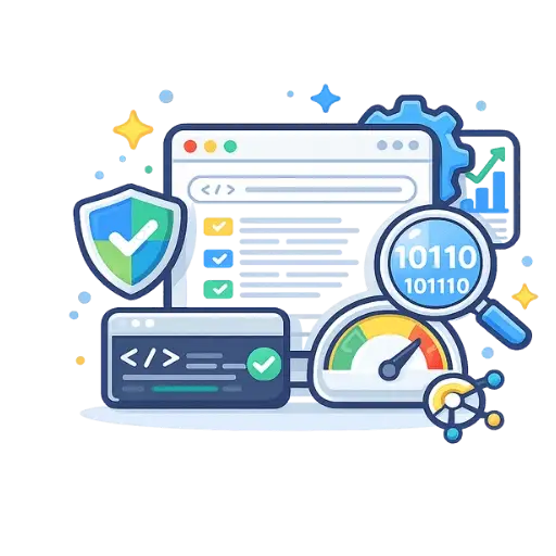 Technical SEO icon representing site speed, indexing, and structured optimization by First Step Connections.