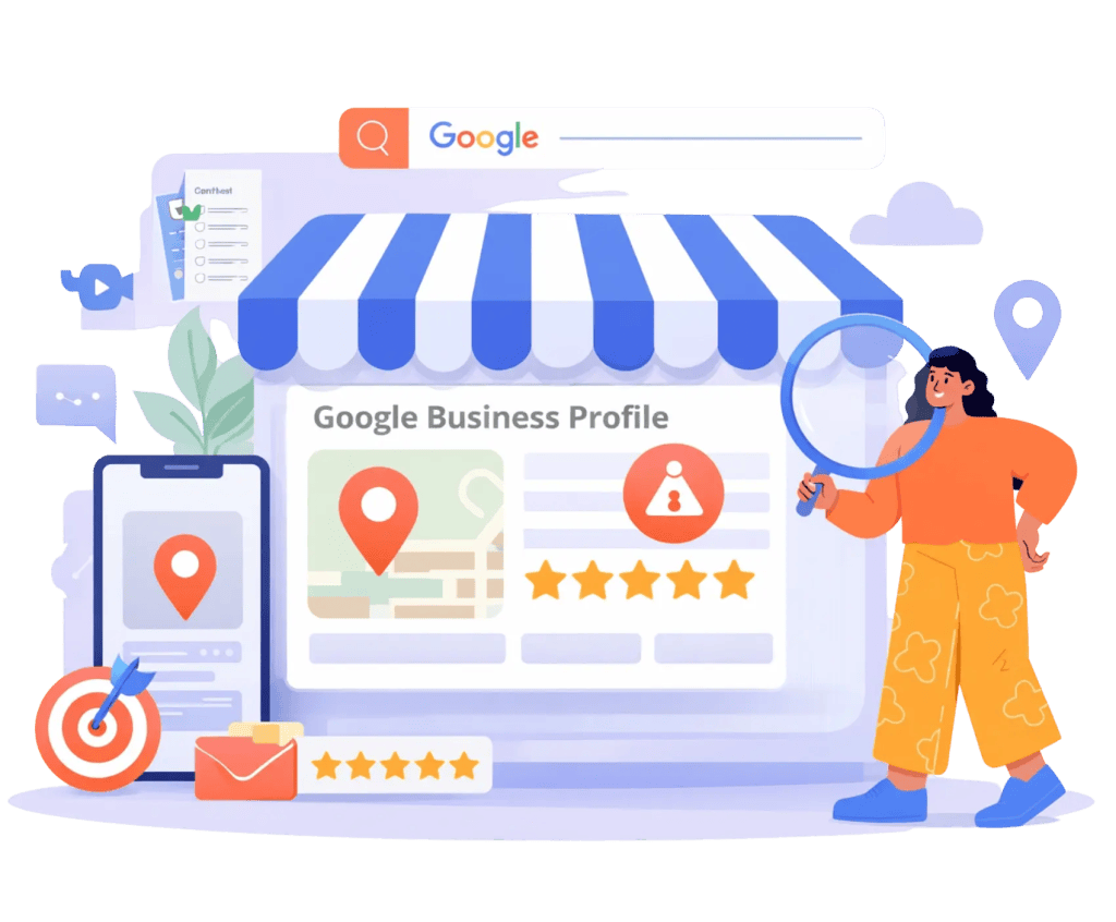 Illustration of Google Business Profile optimization with storefront, search bar, map pin, reviews, and magnifying glass