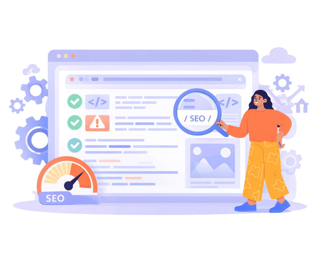 Illustration of technical SEO services showing website analysis, search tools, and performance optimization elements