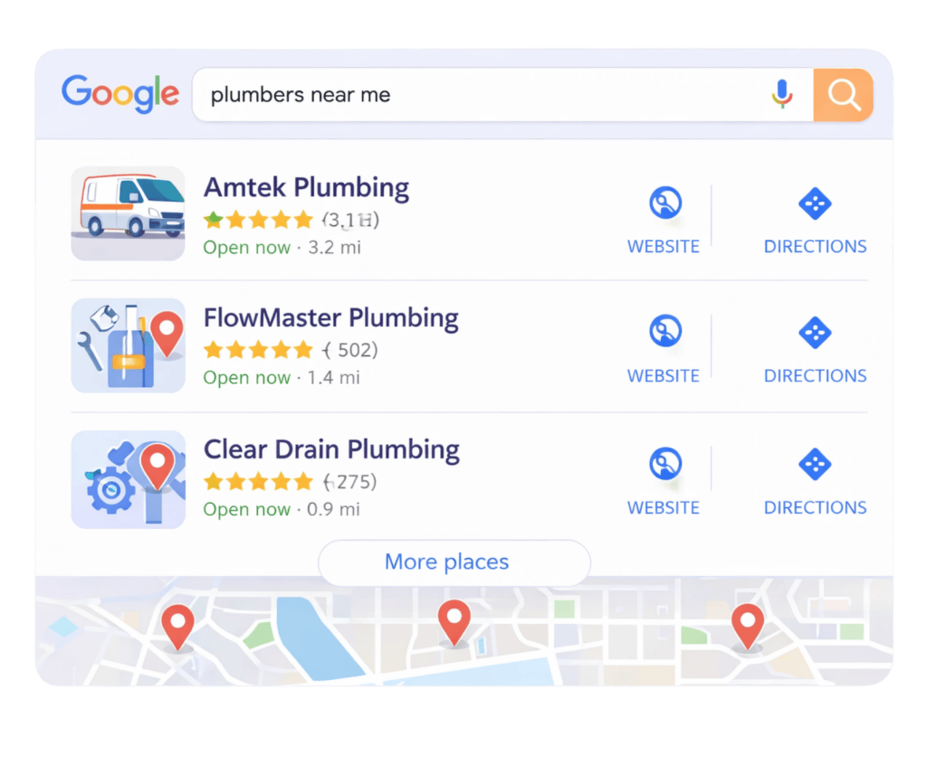 Local SEO and Map Pack Strategy illustration showing Google business listings, map results, and local search visibility
