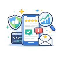 Review growth and reputation management illustration showing ratings, customer feedback, and online business visibility