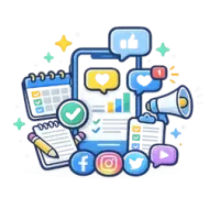 Social media planning and content management illustration showing content scheduling, engagement, and social platform icons