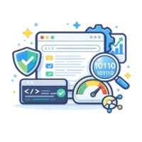 Technical SEO services illustration showing site performance, indexing, security, and website optimization elements