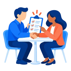 Business owner meeting face-to-face with an SEO professional to review a customized plan